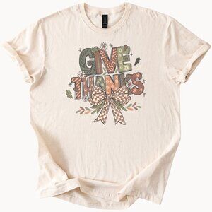 Give Thanks Fall T Shirt Cute Thanksgiving Shirt Autumn Florals Graphic Bow Tee